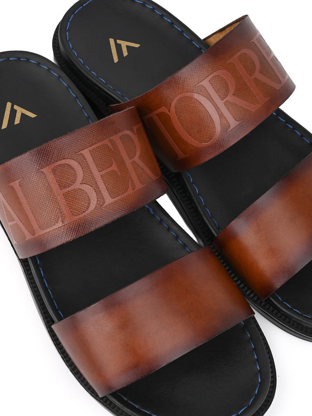 Alberto Torresi PVC Printed Branding Textured Tan Leather Men Slippers
