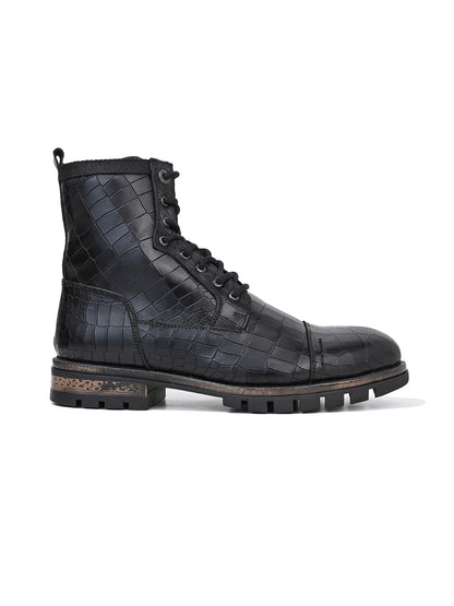Men Cap Toe Black Croc-Embossed Genuine Leather High-Ankle Boots