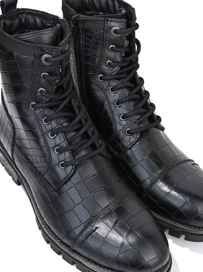 Men Cap Toe Black Croc-Embossed Genuine Leather High-Ankle Boots