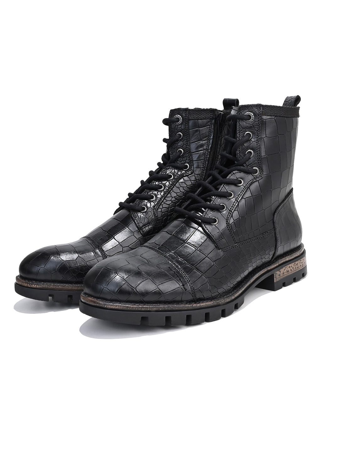 Men Cap Toe Black Croc-Embossed Genuine Leather High-Ankle Boots