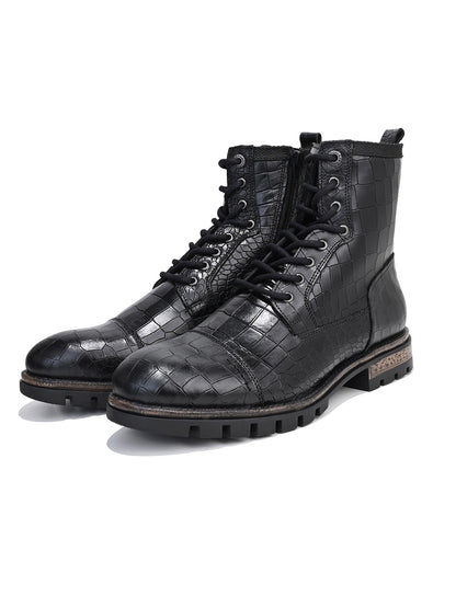 Men Cap Toe Black Croc-Embossed Genuine Leather High-Ankle Boots