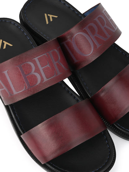 Alberto Torresi PVC Printed Branding Textured Bordo Leather Men Slippers