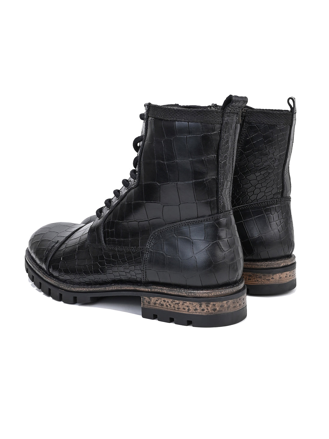 Men Cap Toe Black Croc-Embossed Genuine Leather High-Ankle Boots
