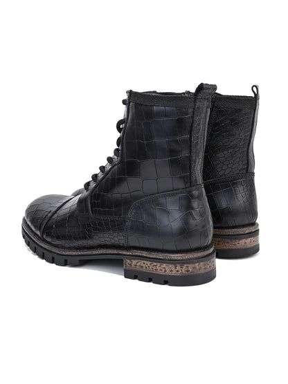 Men Cap Toe Black Croc-Embossed Genuine Leather High-Ankle Boots