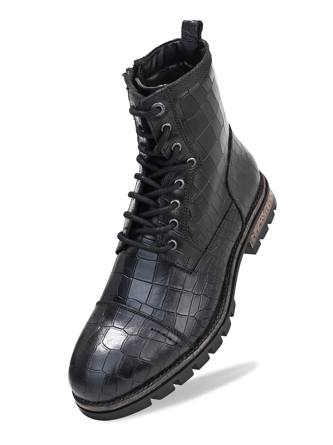 Men Cap Toe Black Croc-Embossed Genuine Leather High-Ankle Boots