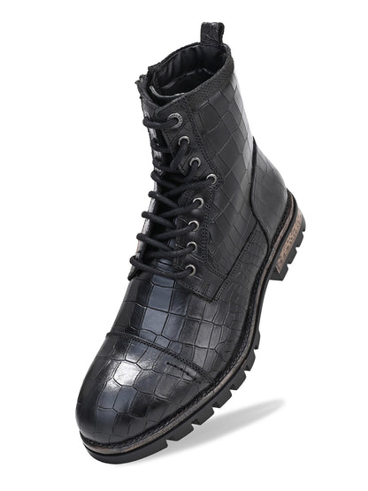 Men Cap Toe Black Croc-Embossed Genuine Leather High-Ankle Boots