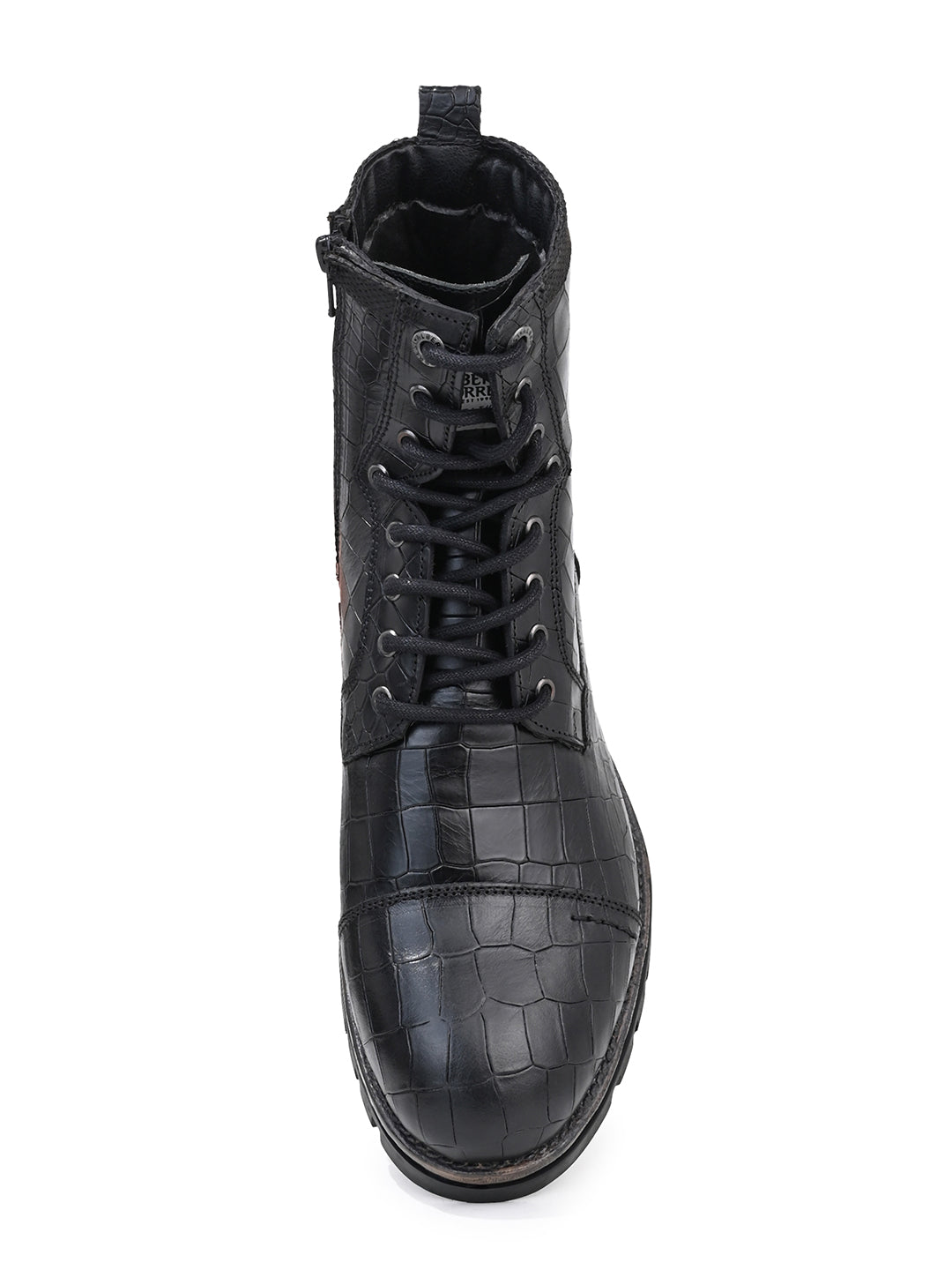 Men Cap Toe Black Croc-Embossed Genuine Leather High-Ankle Boots