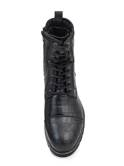 Men Cap Toe Black Croc-Embossed Genuine Leather High-Ankle Boots