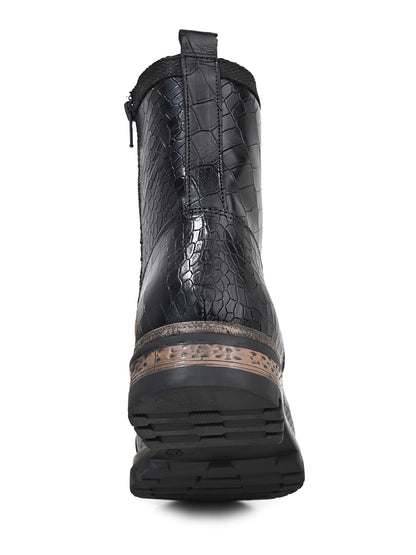 Men Cap Toe Black Croc-Embossed Genuine Leather High-Ankle Boots