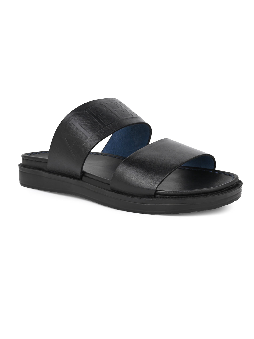 Alberto Torresi PVC Printed Branding Textured Black Leather Men Slippers