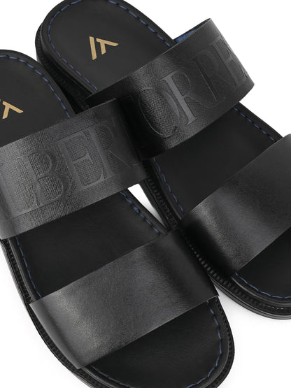Alberto Torresi PVC Printed Branding Textured Black Leather Men Slippers