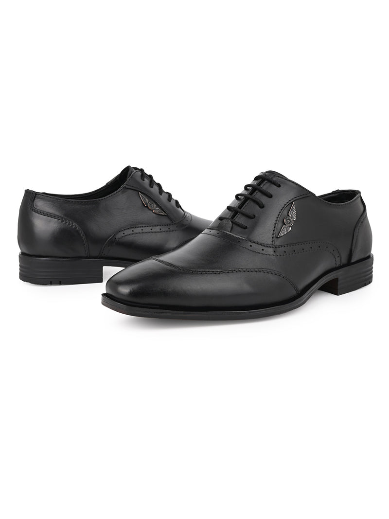 Cesare Black Genuine Leather Oxford Shoes for Men - Formal Lace-Up Shoes for Office & Party Wear