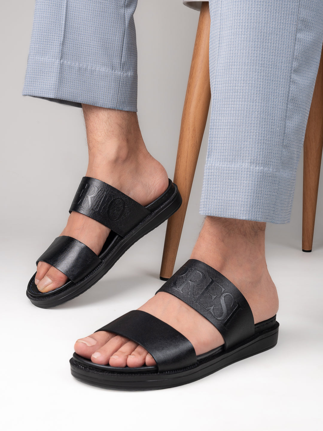 Alberto Torresi PVC Printed Branding Textured Blue Leather Men Slippers