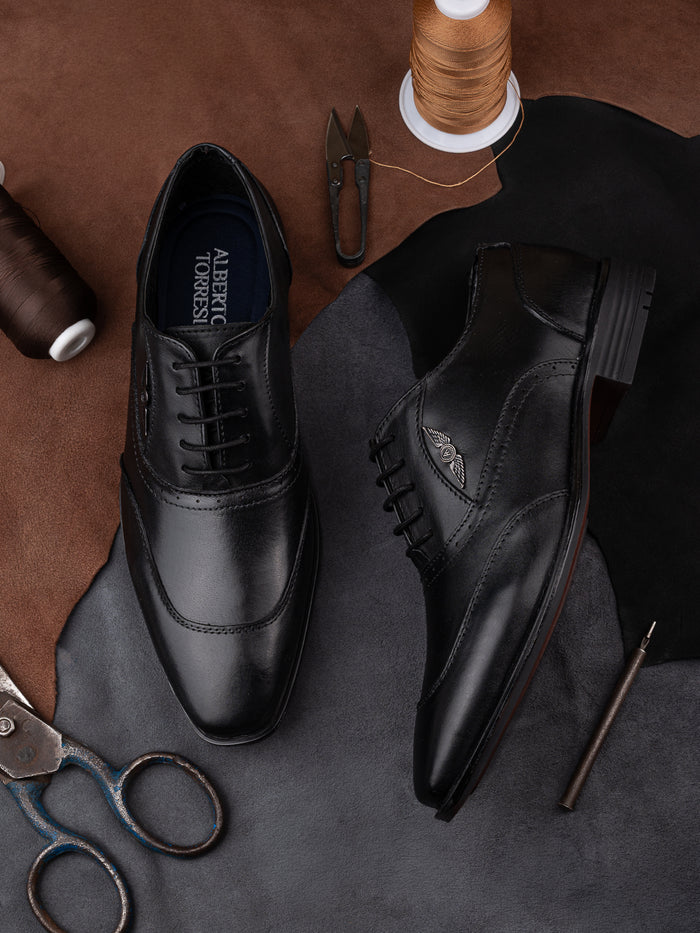 Cesare Black Genuine Leather Oxford Shoes for Men - Formal Lace-Up Shoes for Office & Party Wear