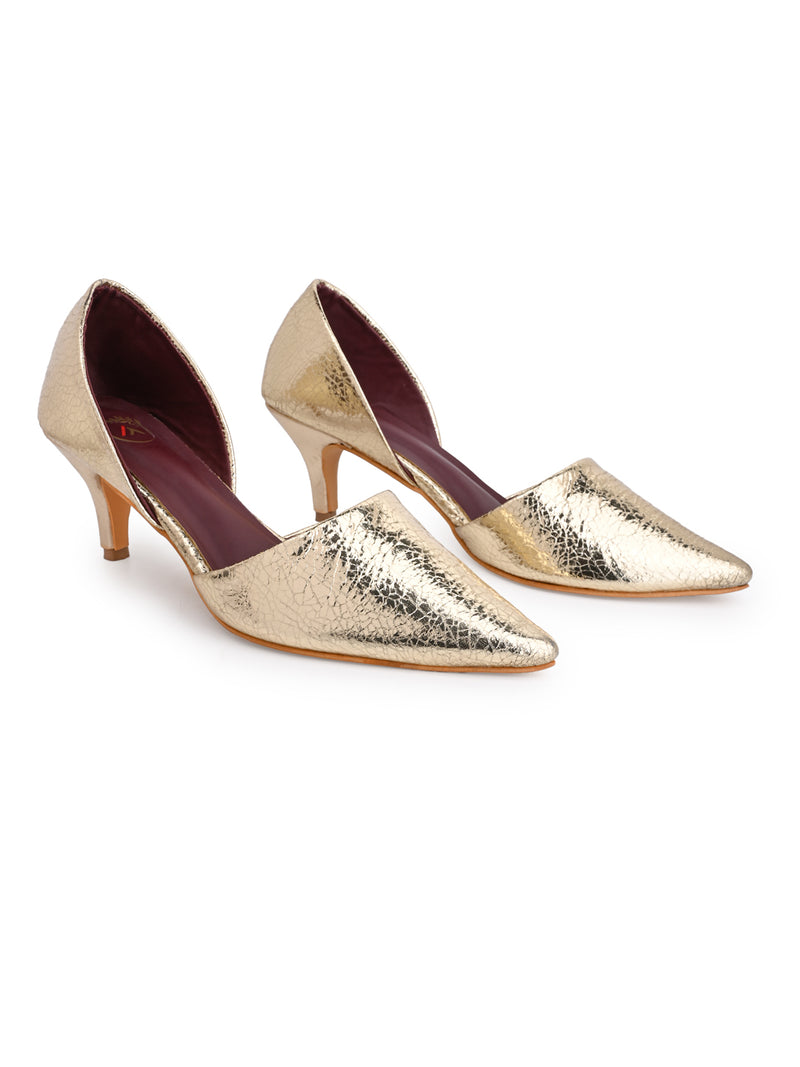 Women's Gold Cracked Metallic D'Orsay Pumps – Pointed-Toe Kitten Heel Shoes