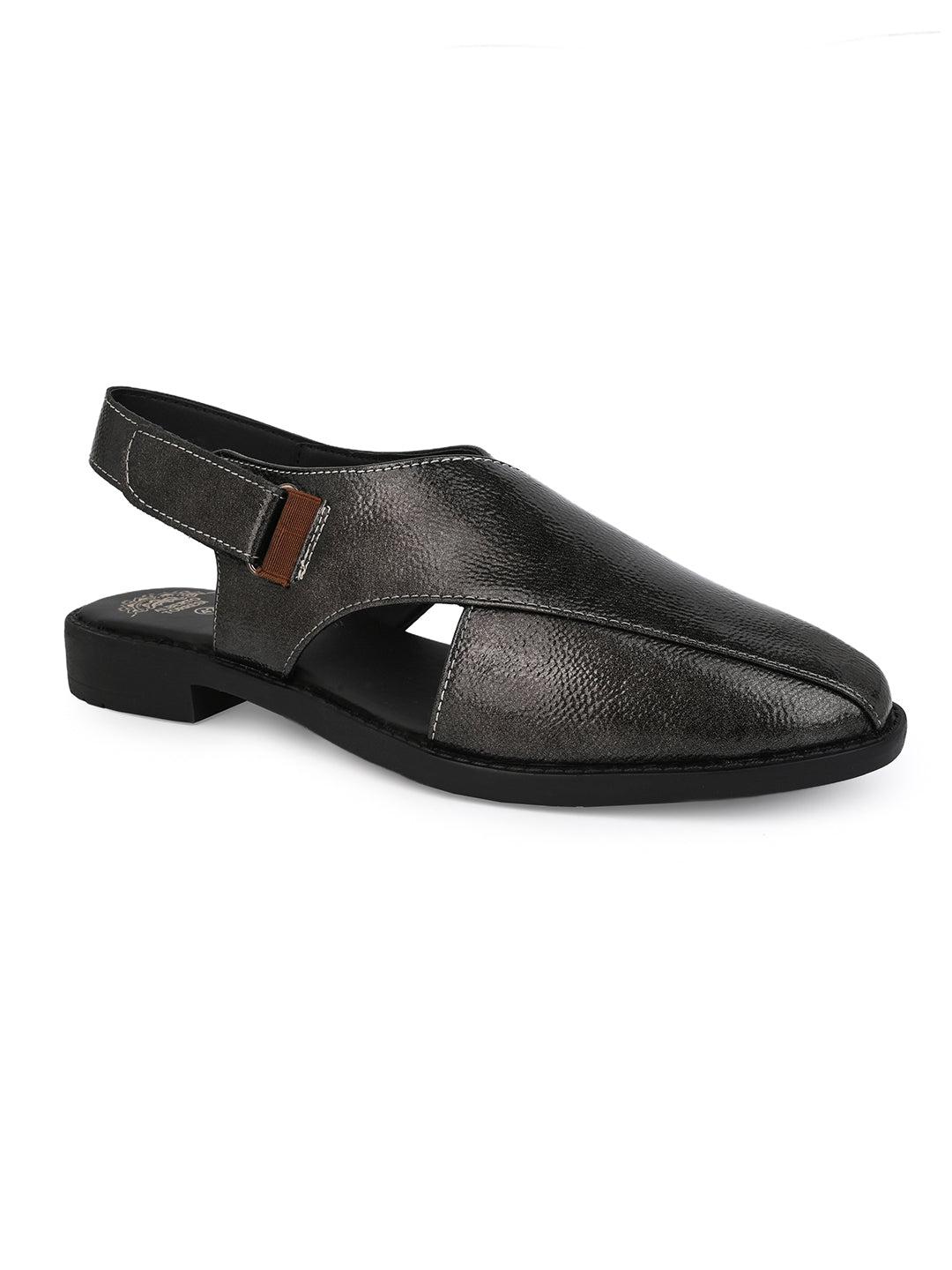 Alberto Torresi Grey Patent Crinkle Peshawari Sandal With Padded Insole