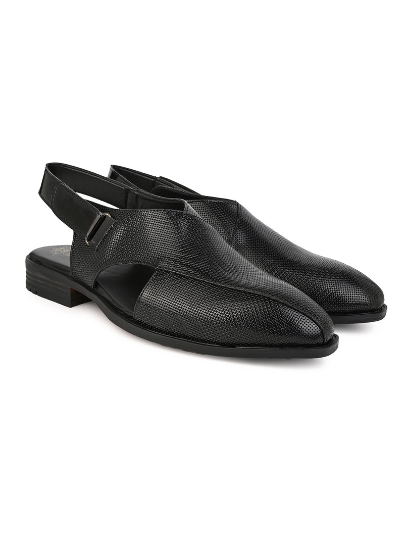 Faris Black Peshawari Sandals for Men - Adjustable Backstrap Sandals for Casual & Ethnic Wear