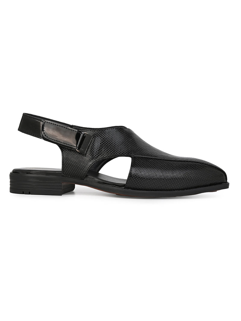 Faris Black Peshawari Sandals for Men - Adjustable Backstrap Sandals for Casual & Ethnic Wear