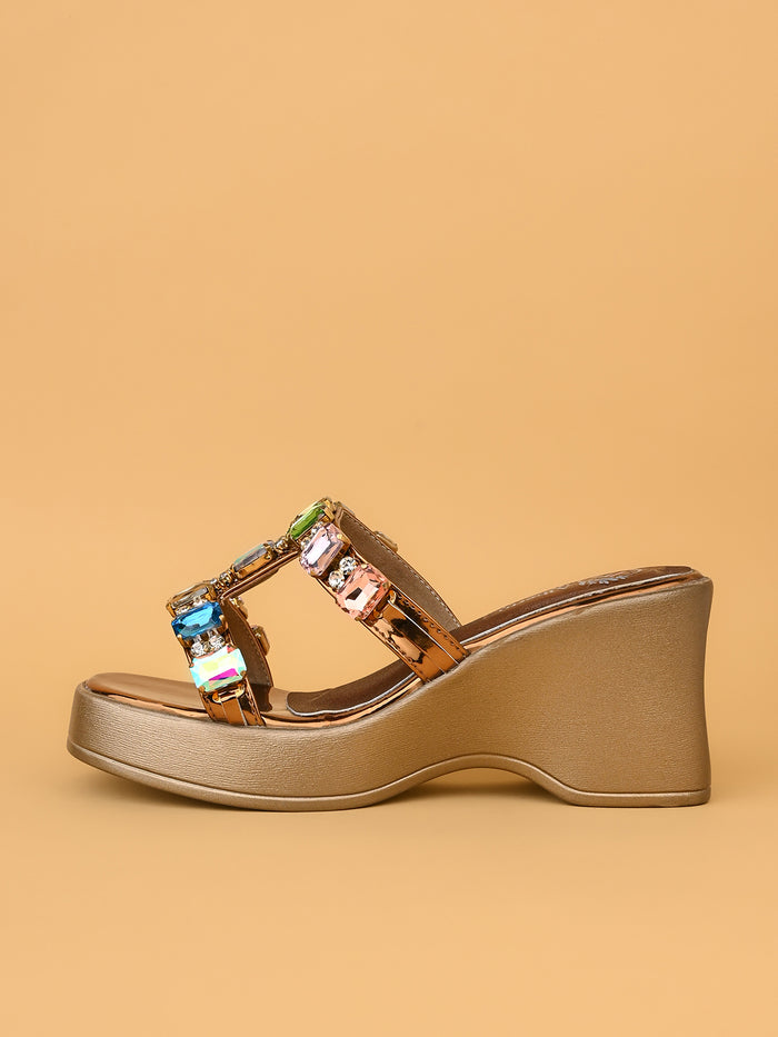 Rosavelle Beige Embellished Wedge Sandals for Women