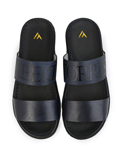 Alberto Torresi PVC Printed Branding Textured Blue Leather Men Slippers