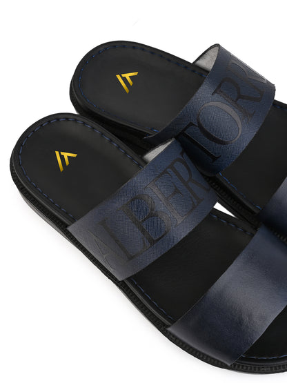 Alberto Torresi PVC Printed Branding Textured Blue Leather Men Slippers