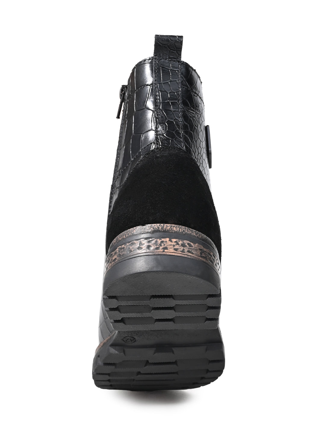 Men Black Croc-Embossed Genuine Leather High-Ankle Boots with Metallic Shield Emblem