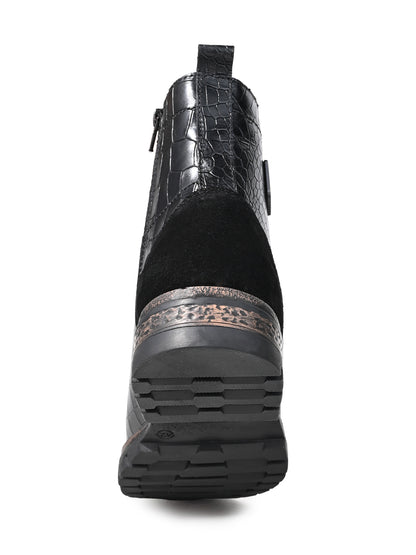 Men Black Croc-Embossed Genuine Leather High-Ankle Boots with Metallic Shield Emblem