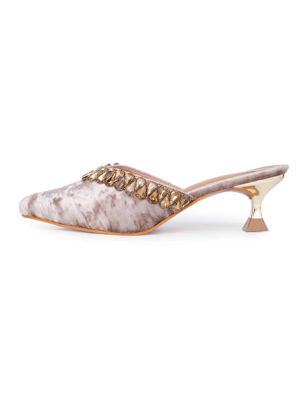 Women’s Grey Velvet Embellished Heeled Mule – Party Wear Open Back Sandal