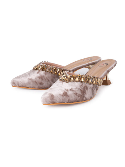 Women’s Grey Velvet Embellished Heeled Mule – Party Wear Open Back Sandal