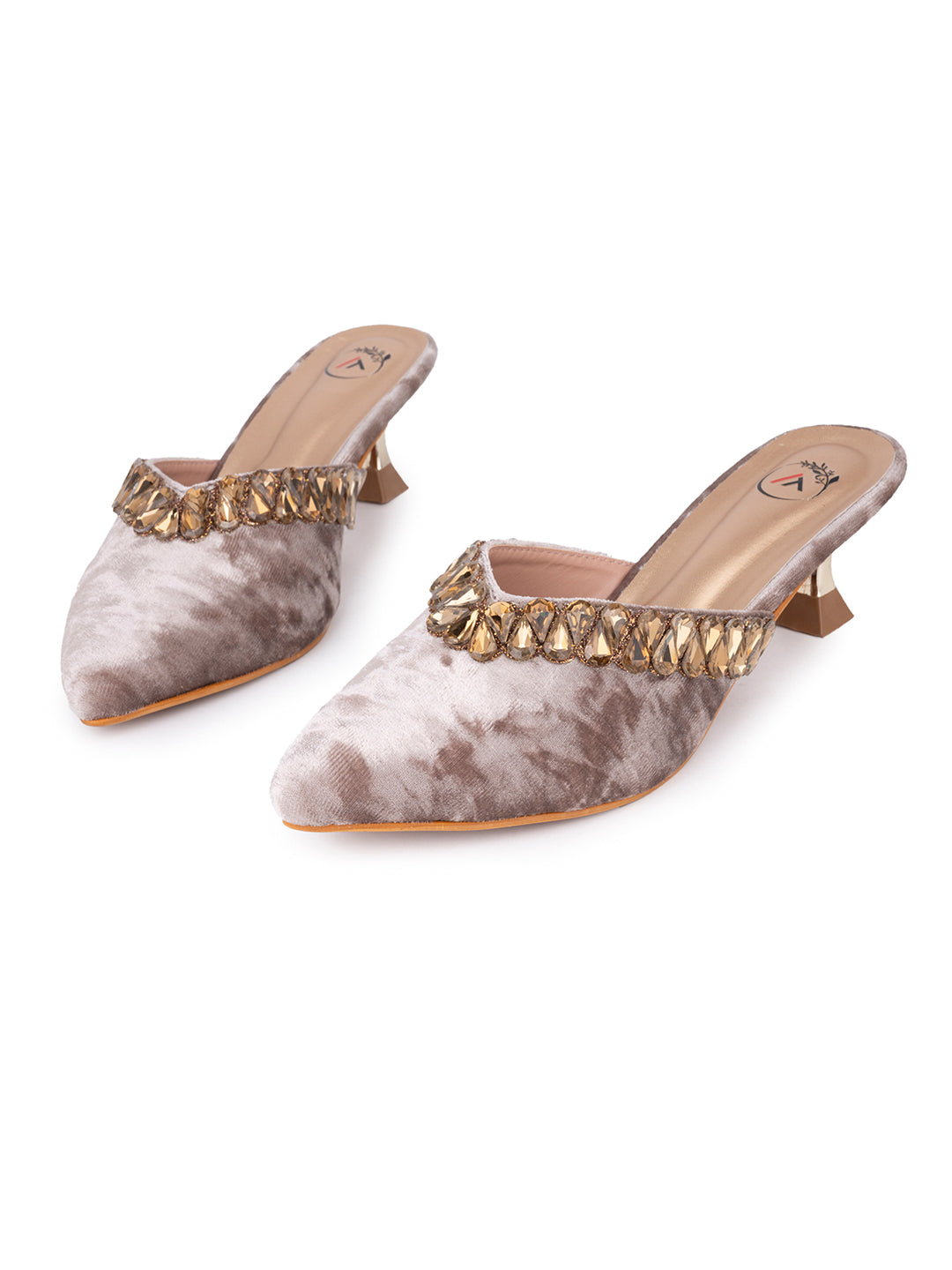 Women’s Grey Velvet Embellished Heeled Mule – Party Wear Open Back Sandal