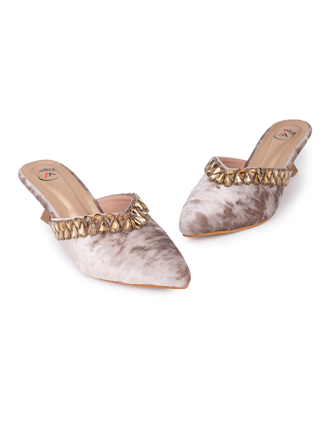 Women’s Grey Velvet Embellished Heeled Mule – Party Wear Open Back Sandal