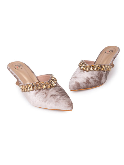 Women’s Grey Velvet Embellished Heeled Mule – Party Wear Open Back Sandal