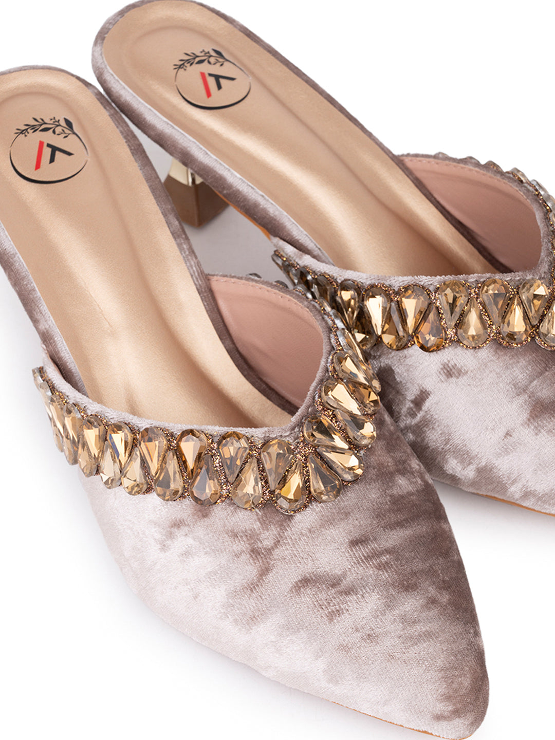 Women’s Grey Velvet Embellished Heeled Mule – Party Wear Open Back Sandal