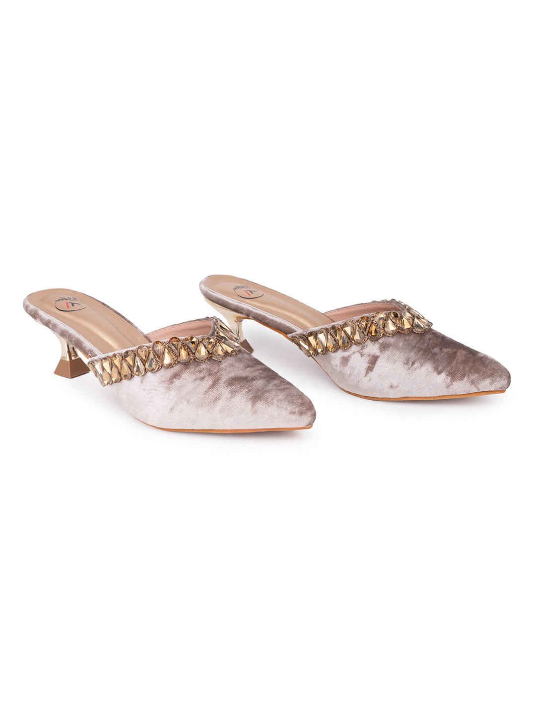 Women’s Grey Velvet Embellished Heeled Mule – Party Wear Open Back Sandal