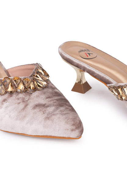 Women’s Grey Velvet Embellished Heeled Mule – Party Wear Open Back Sandal