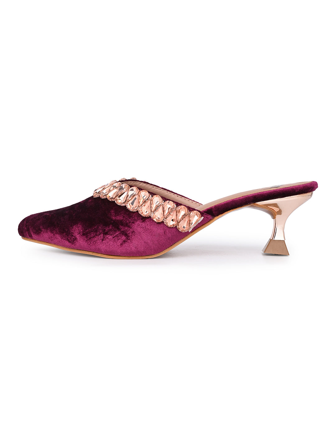 Women’s Maroon Velvet Embellished Heeled Mule – Party Wear Open Back Sandal