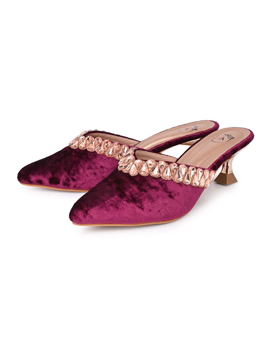 Women’s Maroon Velvet Embellished Heeled Mule – Party Wear Open Back Sandal