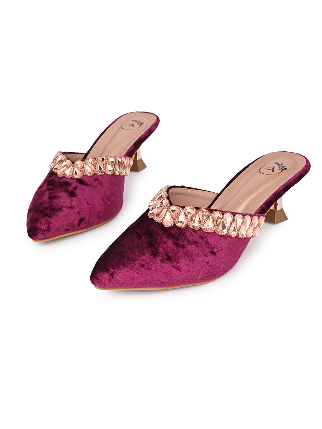 Women’s Maroon Velvet Embellished Heeled Mule – Party Wear Open Back Sandal