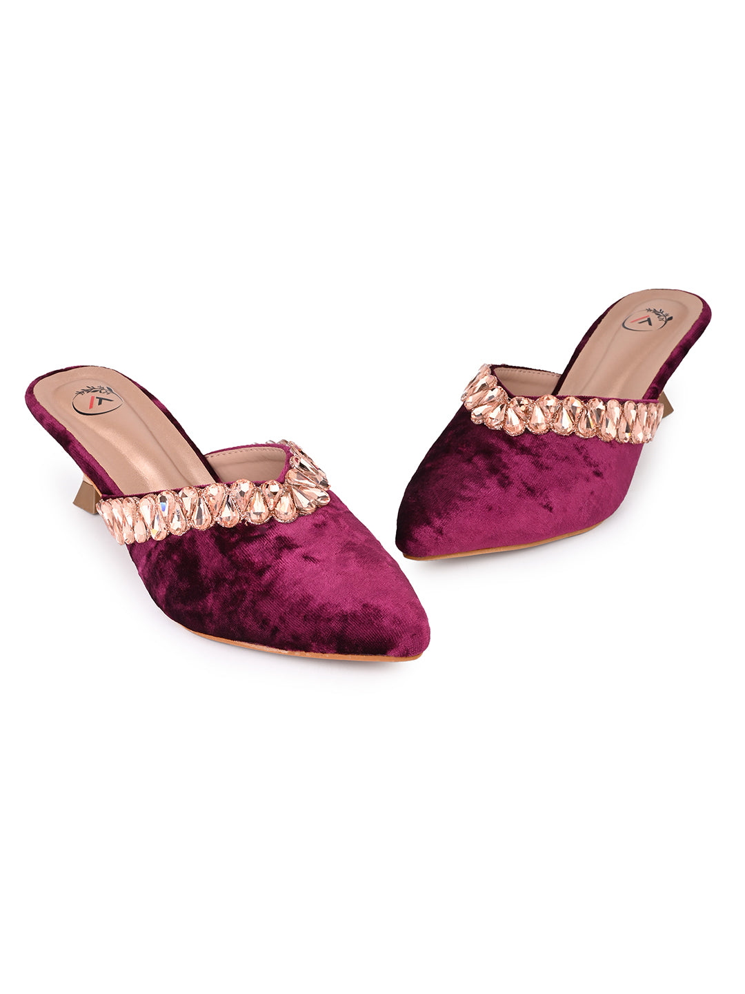 Women’s Maroon Velvet Embellished Heeled Mule – Party Wear Open Back Sandal