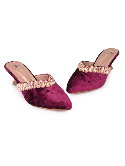 Women’s Maroon Velvet Embellished Heeled Mule – Party Wear Open Back Sandal