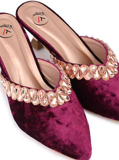 Women’s Maroon Velvet Embellished Heeled Mule – Party Wear Open Back Sandal