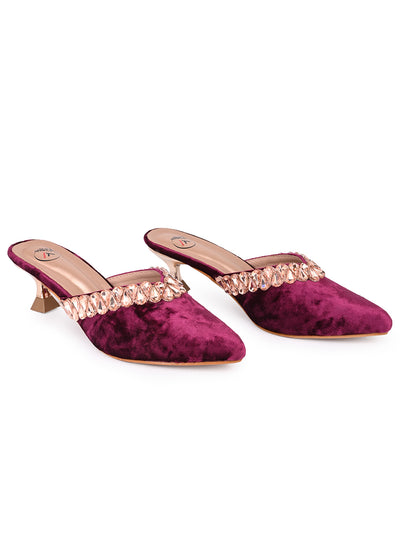 Women’s Maroon Velvet Embellished Heeled Mule – Party Wear Open Back Sandal