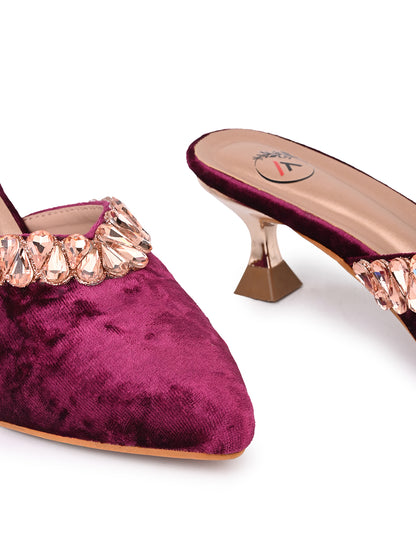 Women’s Maroon Velvet Embellished Heeled Mule – Party Wear Open Back Sandal