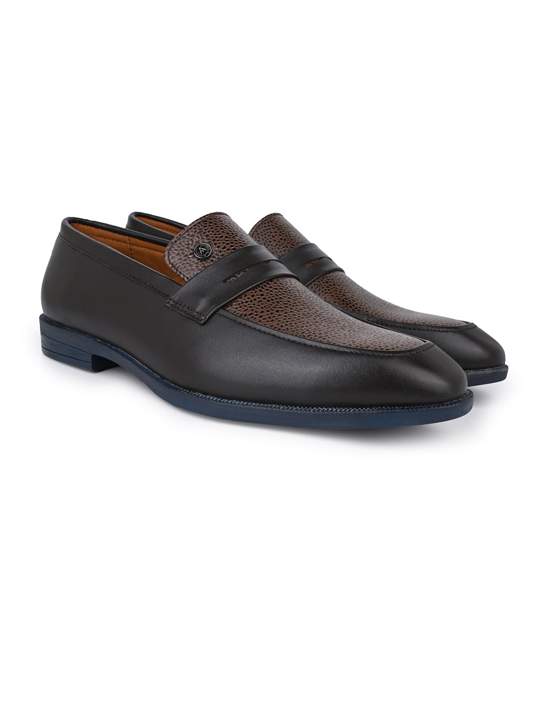Men Brown &amp; Bordo Textured Leather Slip-On Penny Loafers with TPR Sole