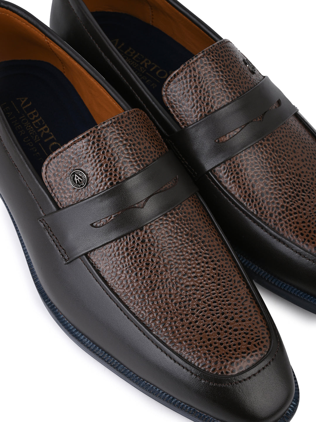 Men Brown &amp; Bordo Textured Leather Slip-On Penny Loafers with TPR Sole