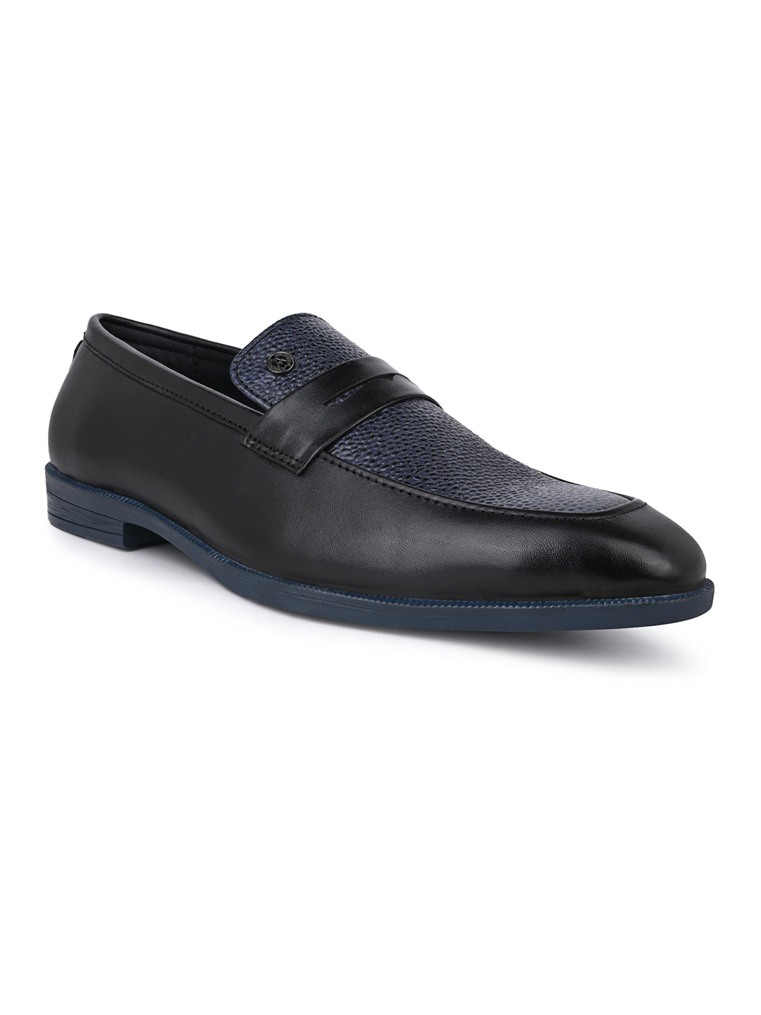 Men Black &amp; Navy Textured Leather Slip-On Penny Loafers with TPR Sole