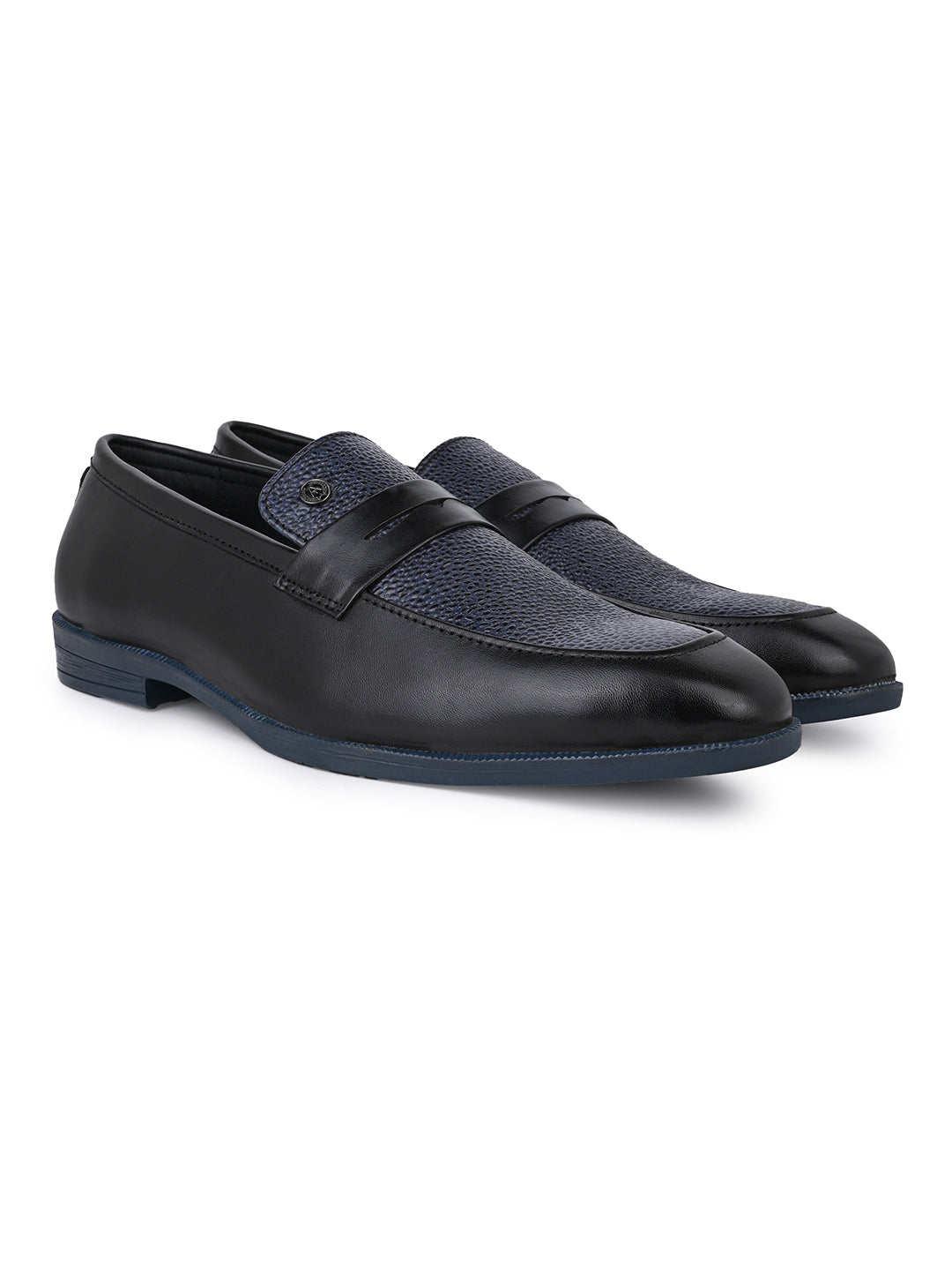 Men Black &amp; Navy Textured Leather Slip-On Penny Loafers with TPR Sole