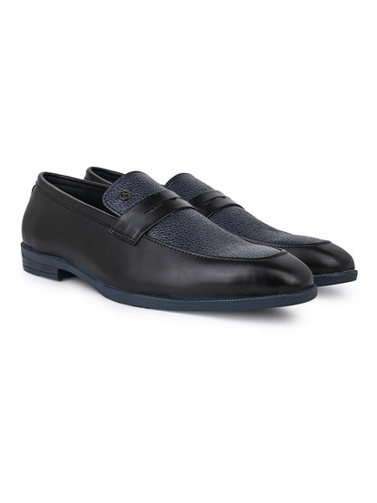 Men Black &amp; Navy Textured Leather Slip-On Penny Loafers with TPR Sole