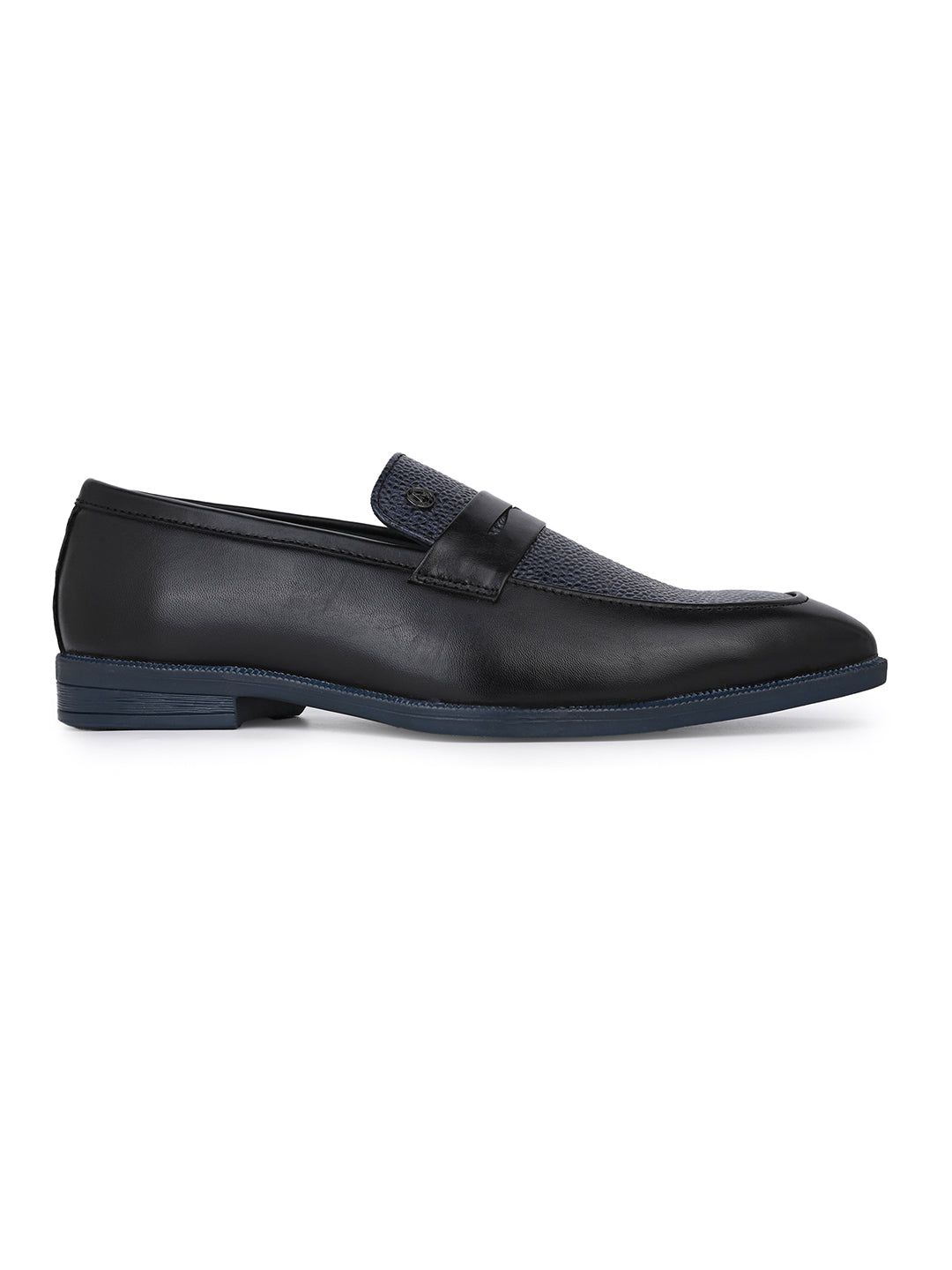 Men Black &amp; Navy Textured Leather Slip-On Penny Loafers with TPR Sole