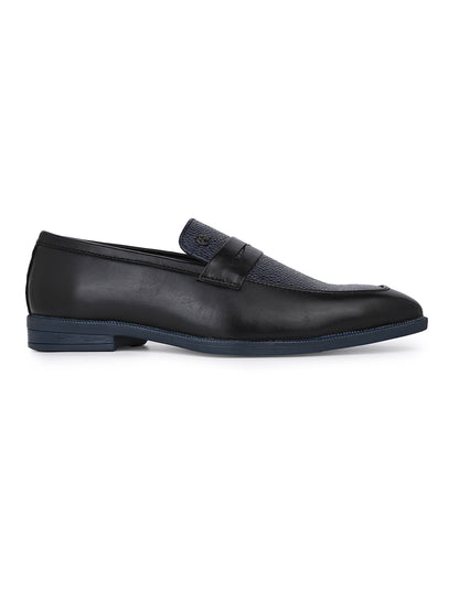 Men Black &amp; Navy Textured Leather Slip-On Penny Loafers with TPR Sole